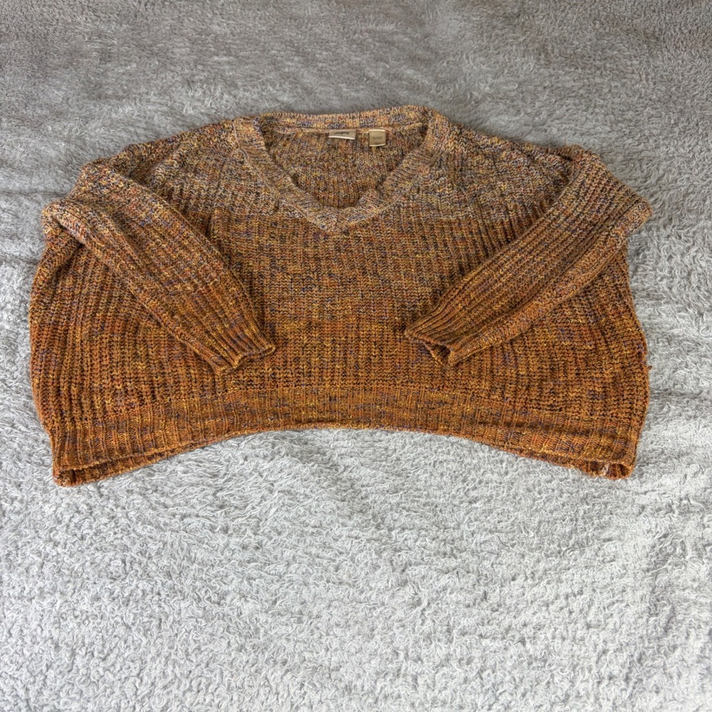 Daytrip Womens XS Space Dye Orange V-Neck Chunky Knit Boxy Pullover Sweater